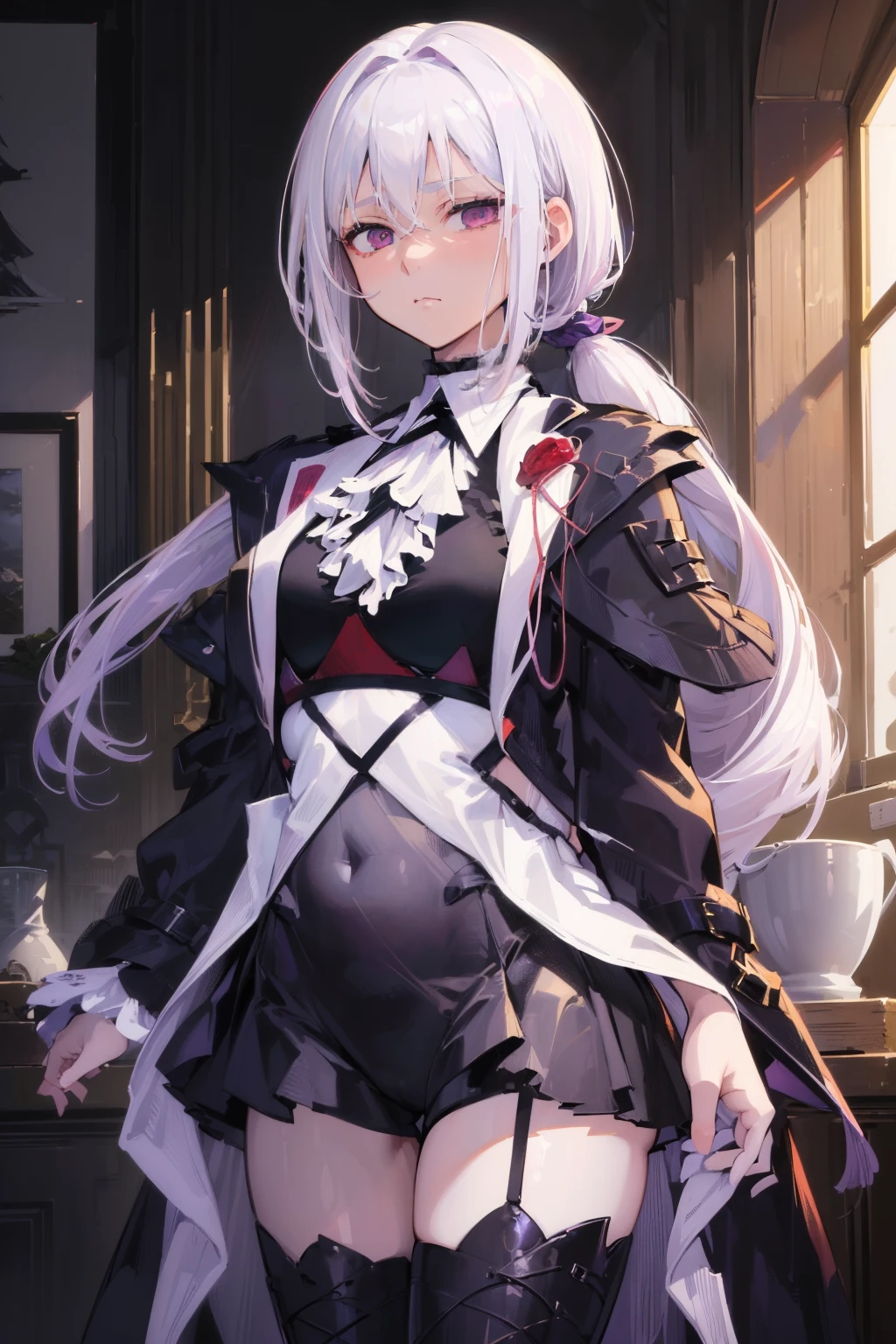 (best quality:1.3), (masterpiece:1.3), (illustration:1.3), (ultra-detailed:1.3), (imid shot:0.9), 1girl, medium breasts, purple eyes, (((white hair))), hair ornaments, young, outfit-gladiia, long hair, tied hair, indoors, black shorts, thigh-highs, low ponytail, expressionless, upper body, close up, coat, skirt,