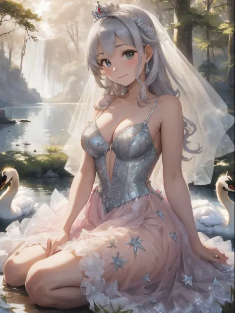 In a forest full of fantastic light,small lake,11 swans,A small crown rests on a swan&#39;Head of,The human princess in the middle,fluffy and voluminous hair,silver mixed hair, Light pink and light green,Pure white, glinting, A voluminous dress with frills...