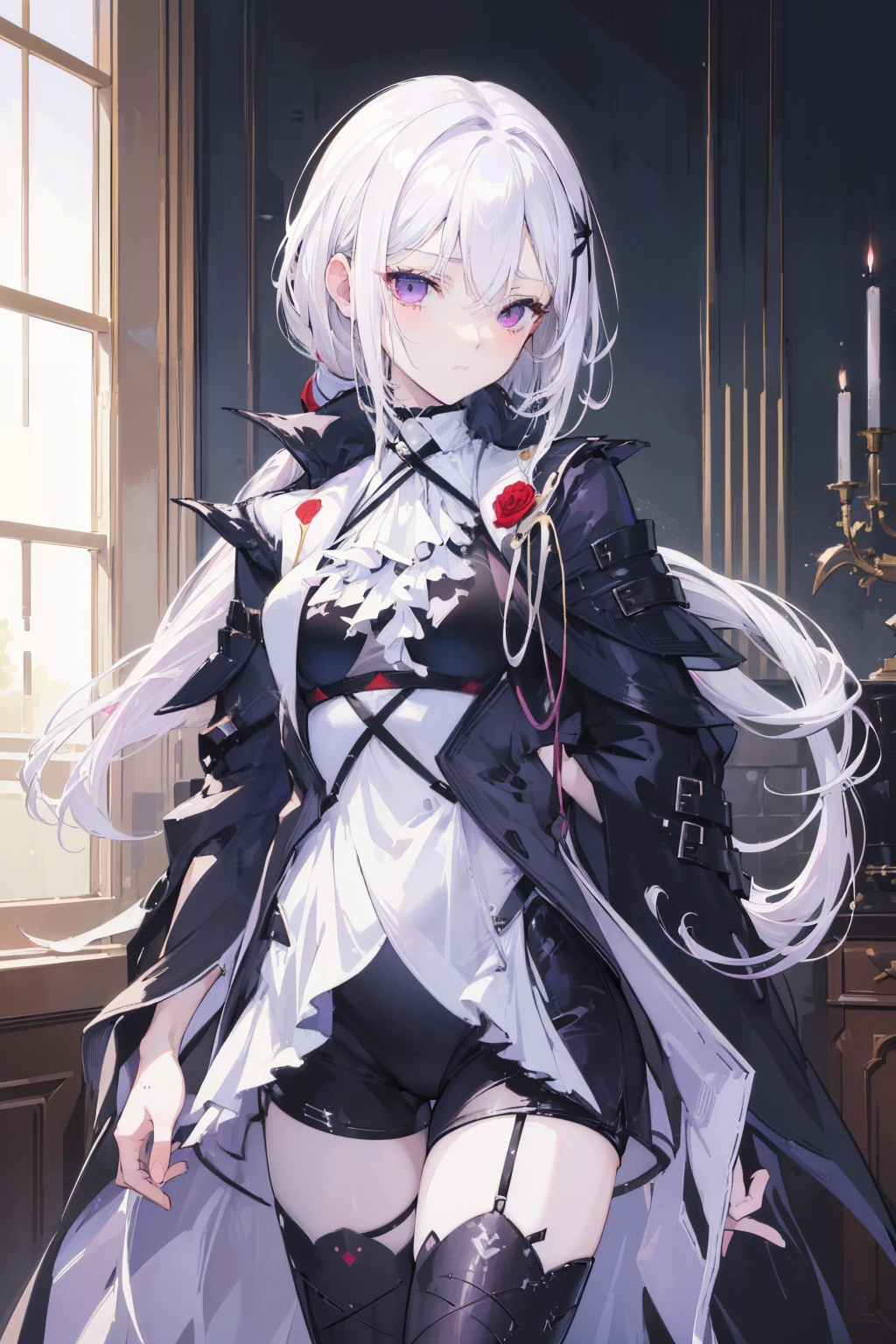 (best quality:1.3), (masterpiece:1.3), (illustration:1.3), (ultra-detailed:1.3), (imid shot:0.9), 1girl, medium breasts, purple eyes, (((white hair))), hair ornaments, young, outfit-gladiia, long hair, tied hair, indoors, black shorts, thigh-highs, low ponytail, expressionless, upper body, close up, coat, skirt,