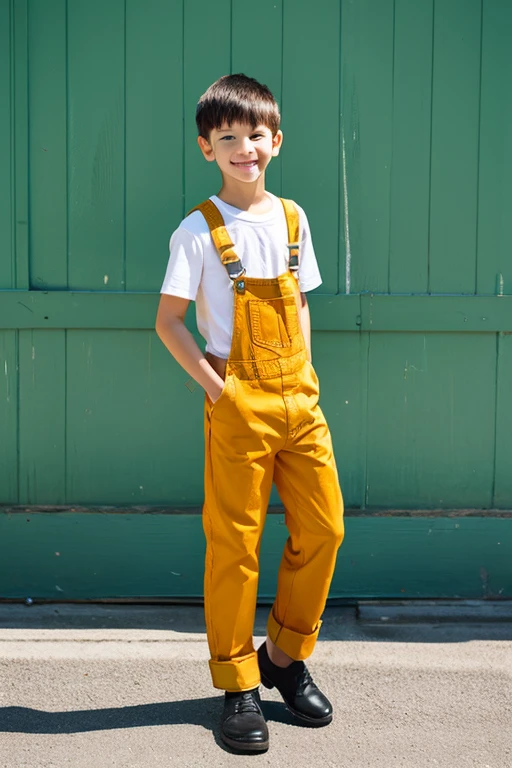 A boy wearing denim coveralls.