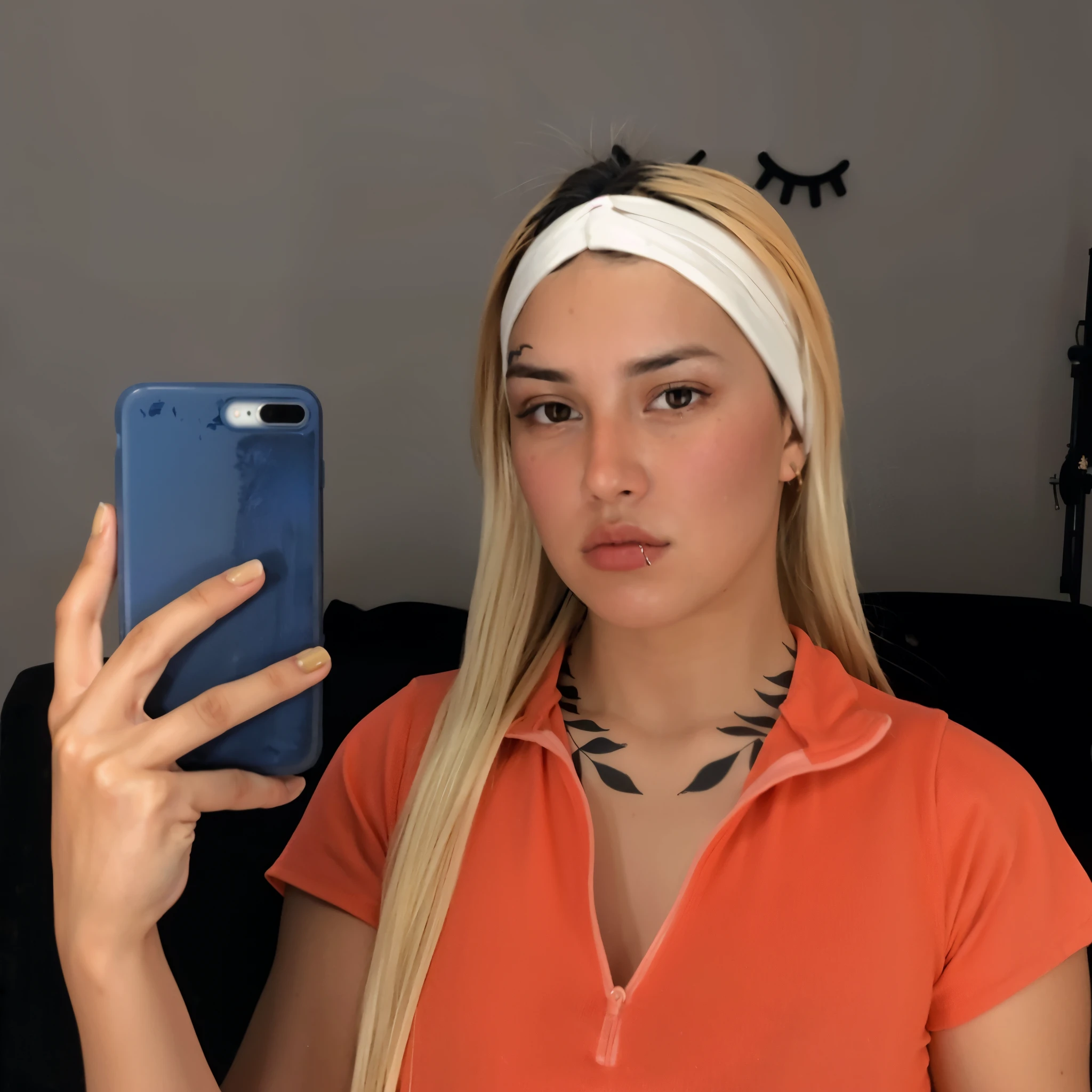 Blond woman taking a selfie with her cell phone in a room - SeaArt AI