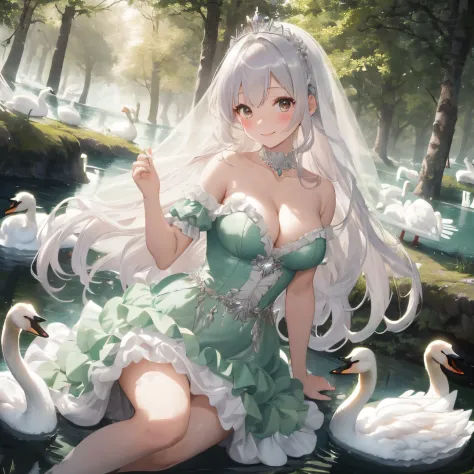 In a forest full of fantastic light,small lake,11 swans,A small crown rests on a swan&#39;Head of,The human princess in the middle,fluffy and voluminous hair,silver mixed hair, Light pink and light green,Pure white, glinting, A voluminous dress with frills...