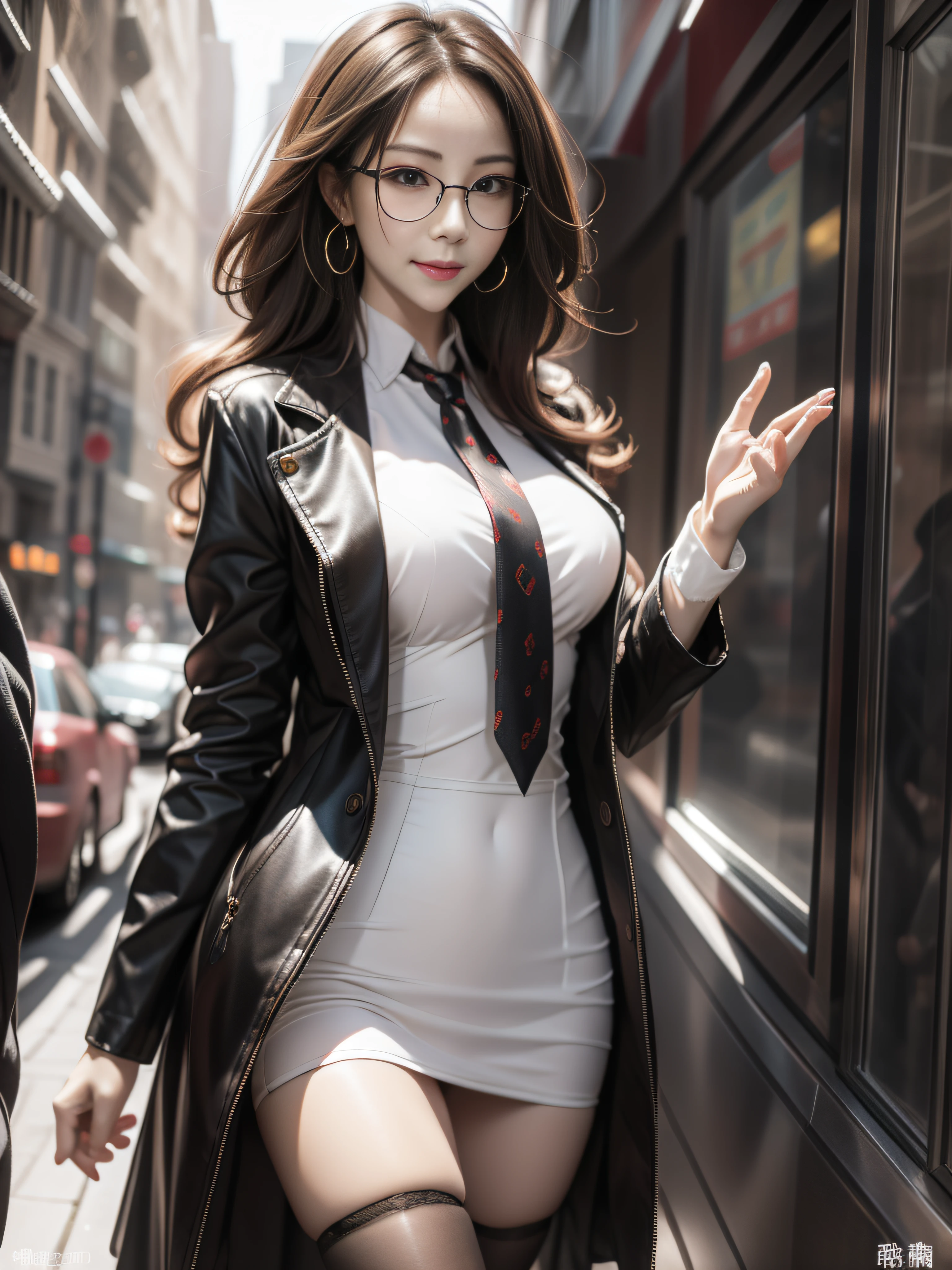 （（best qualtiy，8k，tmasterpiece：1.3）），Clear focus：1.2，one pretty woman，perfect body figure：1.4，Slender abs：1.2，（dark brown  hair，：1.2）），（men&#39;s long trench coat：1.1），（suspender stockings：1.2），（black necktie：1.1），the city street：1.2，Highly Detailed Face and Skin Textur，Detailed eyes，二重まぶた