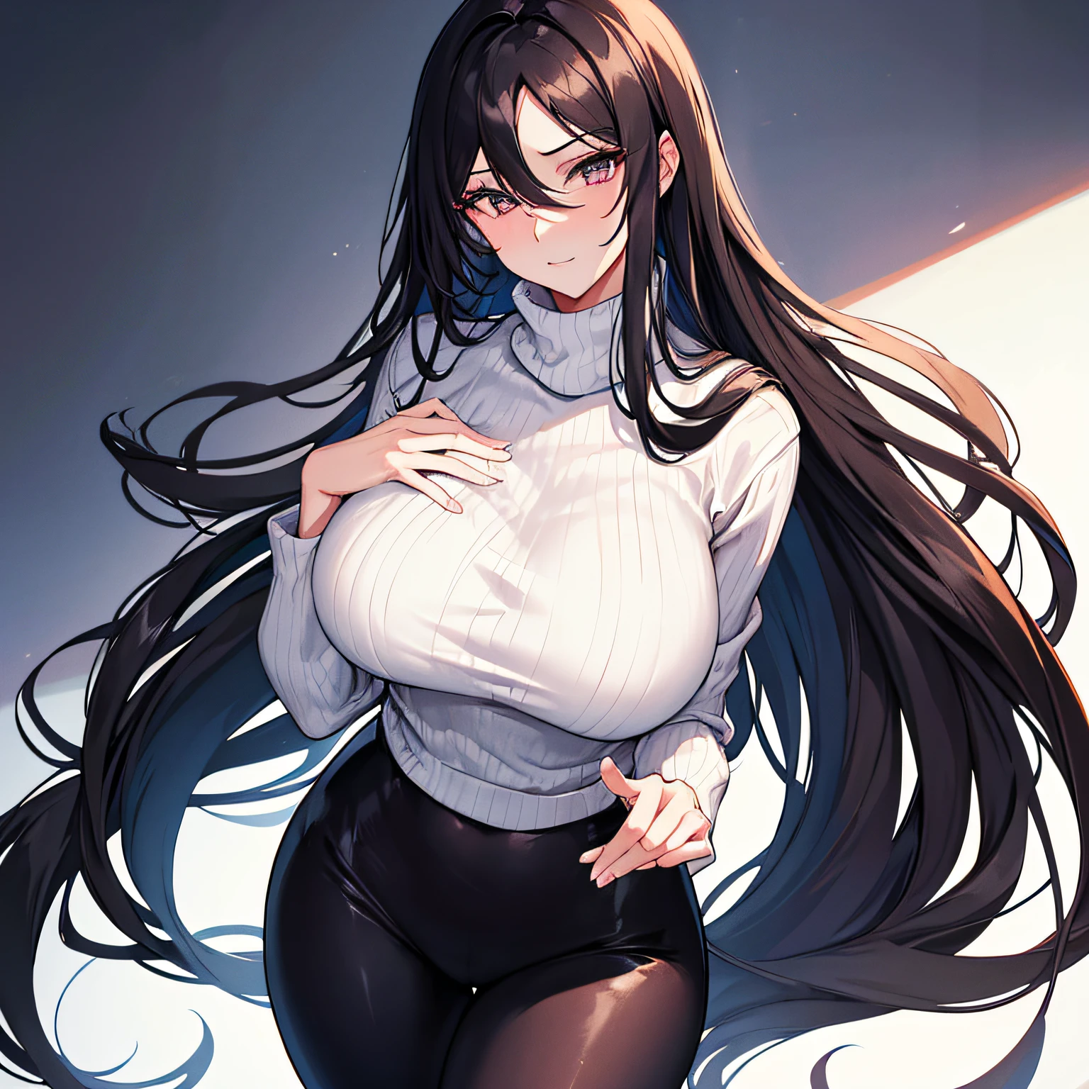 1 Tall mature woman with long hair, black colored eyes, large breasts, wearing a turtleneck sweater, leggings, swooning over viewer, loving eyes