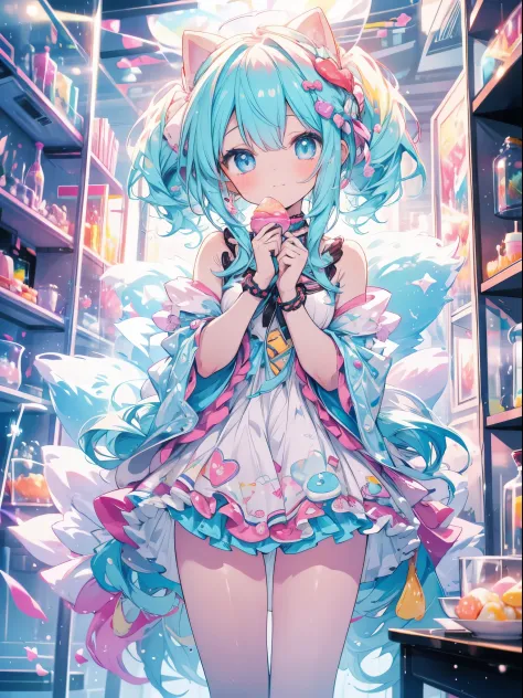 A world of colorful sweets, fluffly, A lot of sweets, colourfull, pastels, Cute, dream sweets, full bodyesbian, kawaii girl