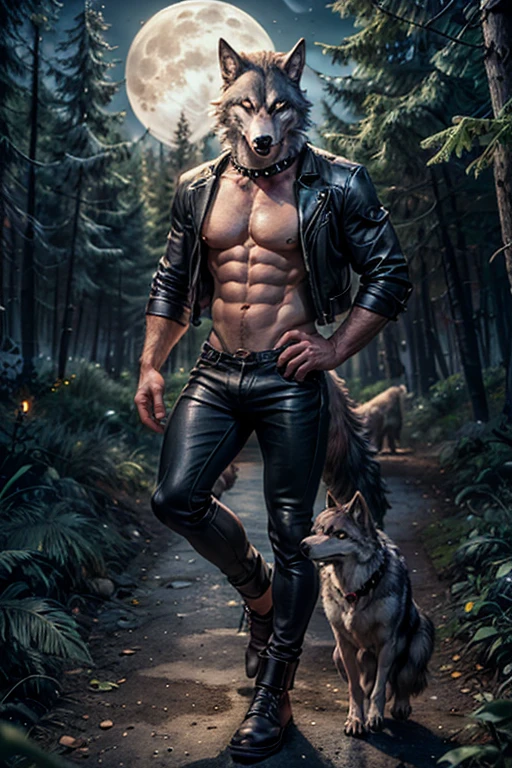 ((a men and wolf)), ((Werewolf)), piece of master, ((full body )), by chunie, by darkgem:0.8, master part, by the cute, detailed, confident, alone, colorful sclera, (Nico), leather jacket, sleeves, spiked collar, close-up, portrait, facial focus, muscular male, yellow eyes, , (Looking at the Viewer), slim muscular male, , navel, good lighting, ((sexy and hot inviting, in the background forest with full moon with wolves)), detailed background, ((full body)), LanceMen 35mm Lens, Luthien, God Art, God of Greek Mythology, Moon God, Beautiful God, Earth God Mythology, A Stunning Portrait of a God, Frank Kelly Freas, Karol Bak Style, ((beautiful face)), Ultra Definition, Best Quality, 32k Ultra | | | , Ultra HD | | |