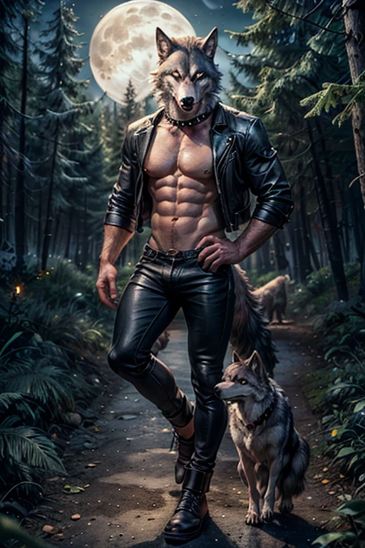 ((un hombre y un lobo)), ((hombre-lobo)), pedazo de maestro, ((cuerpo completo )), by chunie, por darkgem:0.8, parte maestra, por el lindo, detallado, seguro, alone, esclerótica colorida, (nico), Chaqueta de cuero, mangas, cuello con púas, De cerca, Retrato, Enfoque facial, muscular male, Ojos amarillos, , (mirando al espectador), slim muscular male, , ombligo, buena iluminacion, ((sexy y caliente invitando, en el fondo el bosque con luna llena con lobos)), detallado background, ((cuerpo completo)), Lente LanceMen de 35 mm, Lúthien, arte de dios, Dios de la mitología griega, Luna Dios, hermoso dios, Mitología del Dios de la Tierra, Un impresionante retrato de un dios, Frank Kelly Freas, Estilo Karol Bak, ((Hermoso rostro)), Ultradefinición, mejor calidad, 32k ultra | | | , ultra alta definición | | |