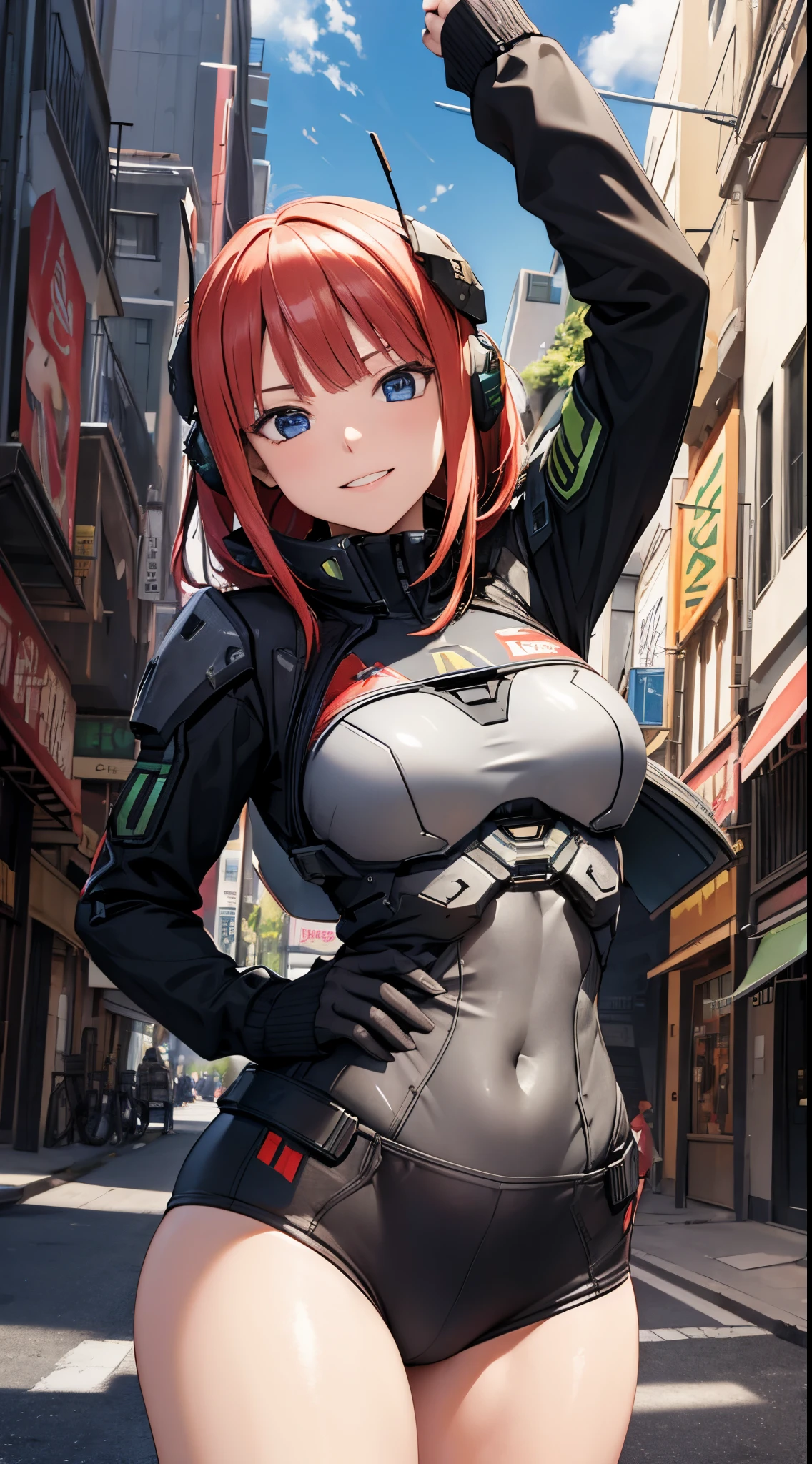 Nino Nakano laughing,detailed hands,pose sexy,infinite halo armor,destroyed city