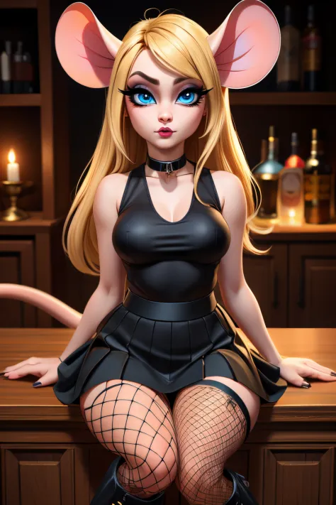 ((ultra quality)), ((tmasterpiece)), Nut, goth, anthropomorphic mouse girl, Furry, ((blonde woman, hairlong)), Beautiful cute face, ((black make-up)), beautiful female lips, charming beauty, ((Kind expression on his face)), seductively looking at the camer...