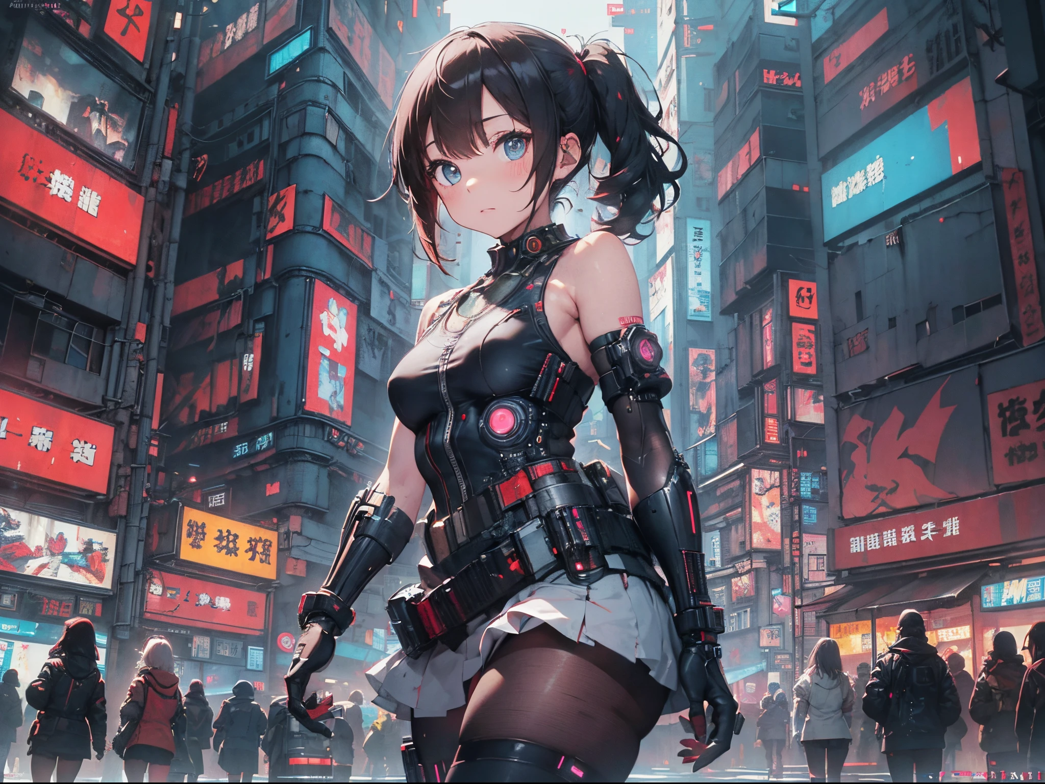 (Best Picture Quality, 4K, High Quality, Masterpiece:1.2), ((Masterpiece)), High Detail, High Quality, (HDR,16k, RAW Beautiful Girl Portrait, Best Picture Quality, Masterpiece:1.2), (Ultra-Definition Illustration), (cyberpunk:1.7), city, extremely cute girl, blond short hair, pig tail hair, innocent look, slender body, small breast, (detailed white & blue cyber gear), (mechanical wear), tight short skirt,  wearing cyber goggles, armed, sleeveless, detaced sleeve, pantyhose, armpits,