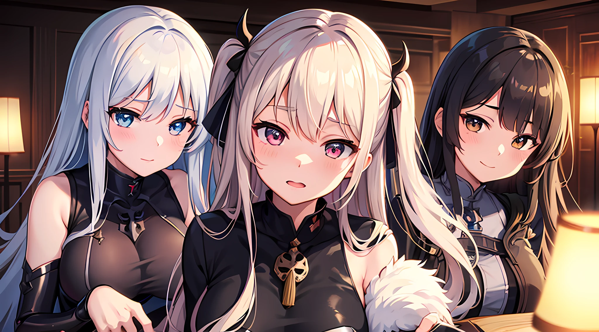 Tres chicas anime con cabello largo y blusas negras sentadas en una mesa -  SeaArt AI