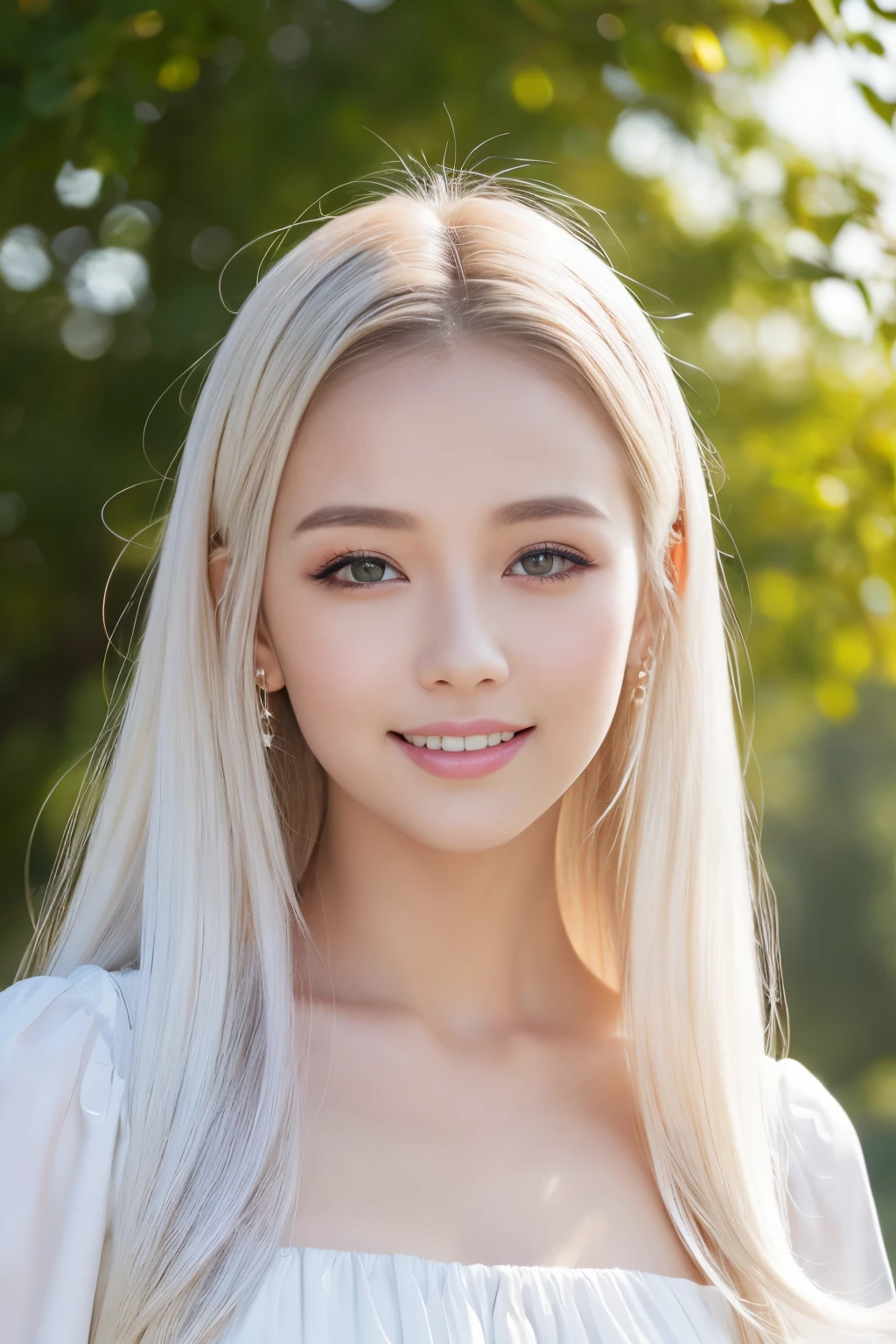 (8K、Raw photography、top-quality、​masterpiece:1.2)、(realisitic、Photorealsitic:1.37)、ultra-detailliert、超A high resolution、女の子1人、(beautifull detailed face、Golden Ratio Face、Balanced eyes、二重まぶた、lipgloss)、Beautiful detailed skin、Skin Texture、Professional Lighting、(Very beautiful girl)、Happy smile、View photographer、Glowing white shiny skin、(Attractive Bright Natural Platinum White Silky Hair 1.5)、eye liner、Medieval European aristocracy、royal princess、doress、