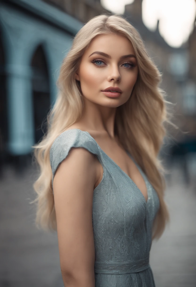 A woman with long blonde hair wearing a blue dress - SeaArt AI