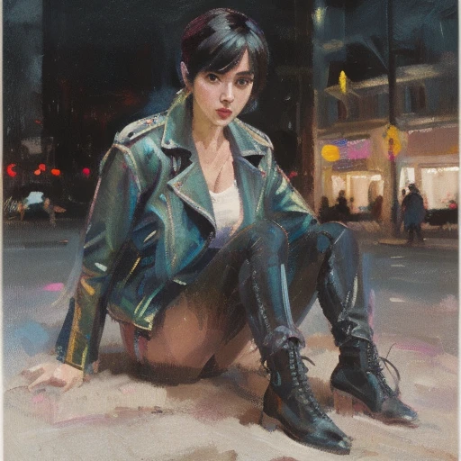 1girl, street, flash, night scene, neon lights, sitting pose, leather jacket, short hair, lowered head, smoky makeup