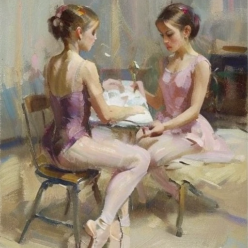 Ballet dancer, in the practice room, leg press, 3+girls, table