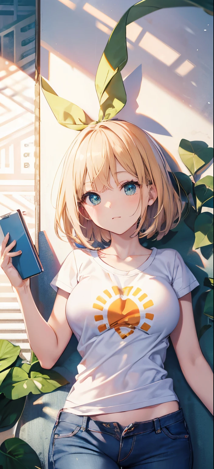 Anime girl with a phone in her hand and a plant in the background - SeaArt  AI