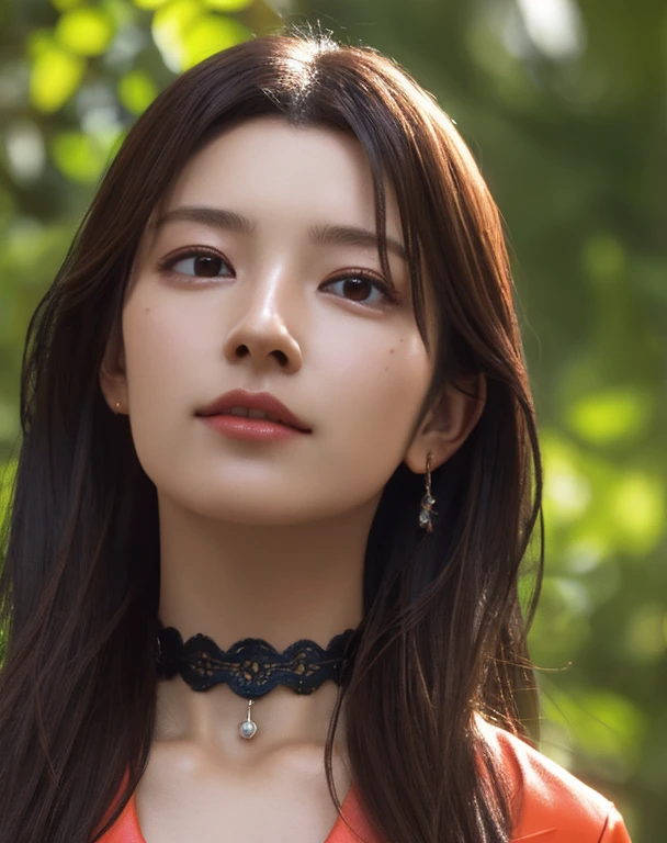 Photorealistic, masutepiece, Best Quality, Raw photo, 1girl in, 独奏, Long hair, Brown hair,  Detailed face, alluring face, earrings、sharp eye、a choker、Neon Shirt、Open jacket、croptop, medium breasts, Dynamic Pose, Looking at Viewer, From below, Detailed background, fine detailed, intricate detailes,  Ray tracing, depth of fields, lowkey, nffsw