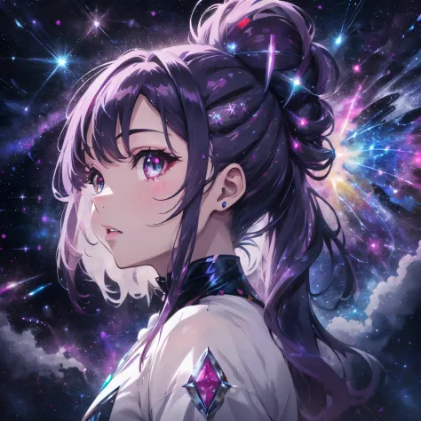 close up of face,from side view,a colorful space-like world sprinkled with stardust,magic light rain,fluffy and voluminous hair,...