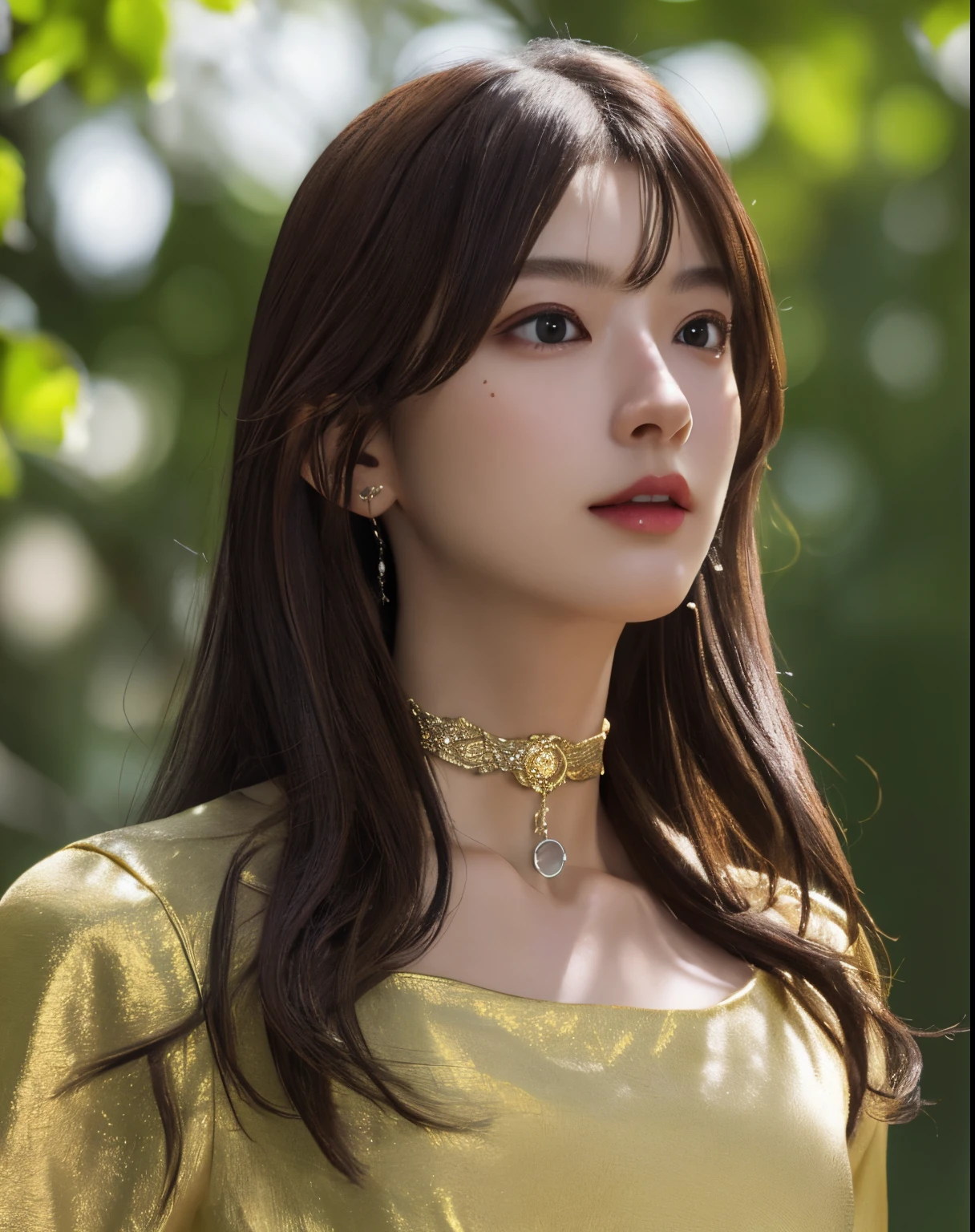 Photorealistic, masutepiece, Best Quality, Raw photo, 1girl in, 独奏, Long hair, Brown hair,  Detailed face, alluring face, earrings、sharp eye、a choker、Neon Shirt、Open jacket、croptop, medium breasts, Dynamic Pose, Looking at Viewer, From below, Detailed background, fine detailed, intricate detailes,  Ray tracing, depth of fields, lowkey, nffsw