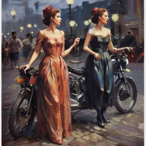 fashion models, fashion posters, vogue, night scenes, streets, motorcycles, dresses