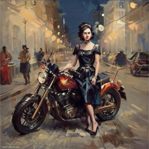 Fashion models, fashion posters, vogue, modern city night scenes, streets, motorcycles, dresses, short hair, smoky makeup