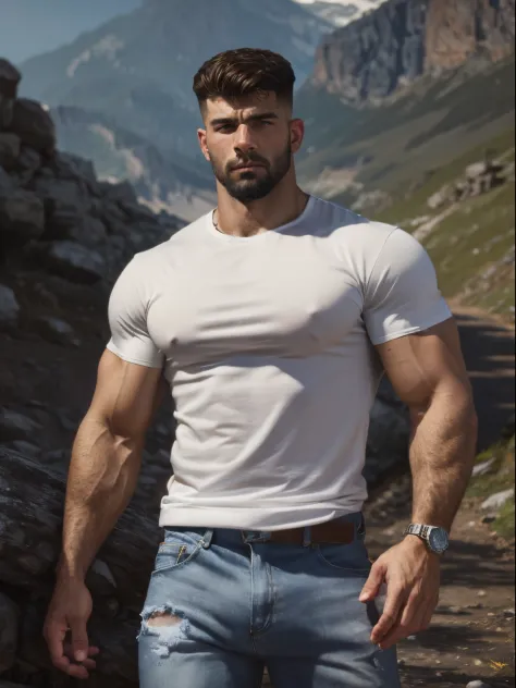 A character portrait [lean Soviet soldier boy, hairy body, alpha male, huge biceps, ripped abs, blue jeans, white tee shirt, sneakers, handsome, sunny mountain road] 4k, high detailed, beautiful, dark age, art by Stanley artgerm, by Daniel f gerhartz, by p...
