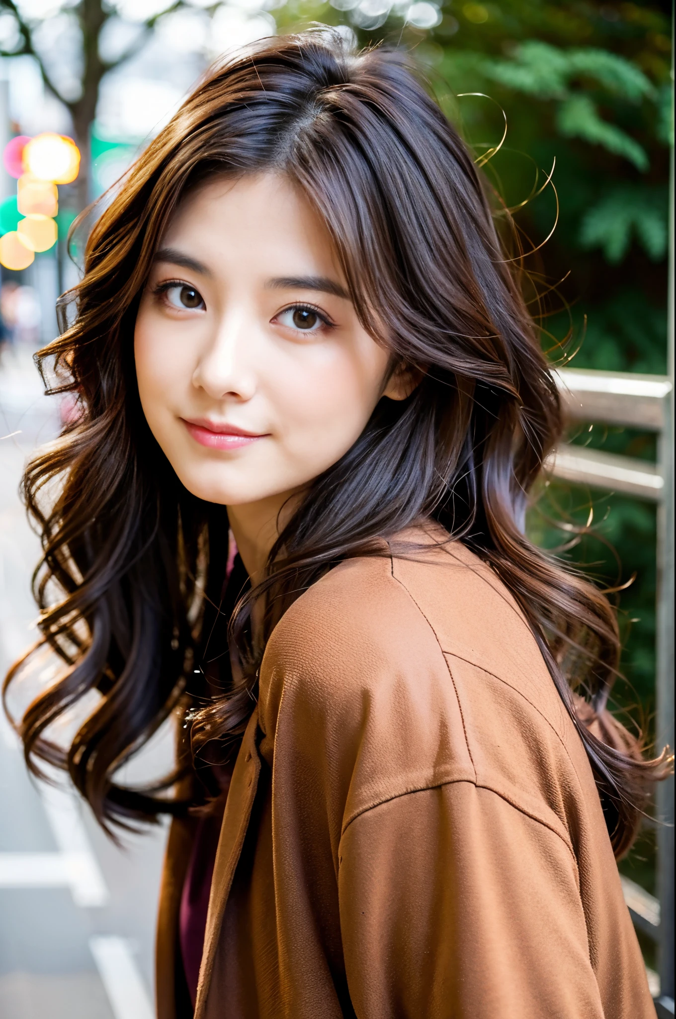 Arafed asian woman with long brown hair and brown jacket - SeaArt AI