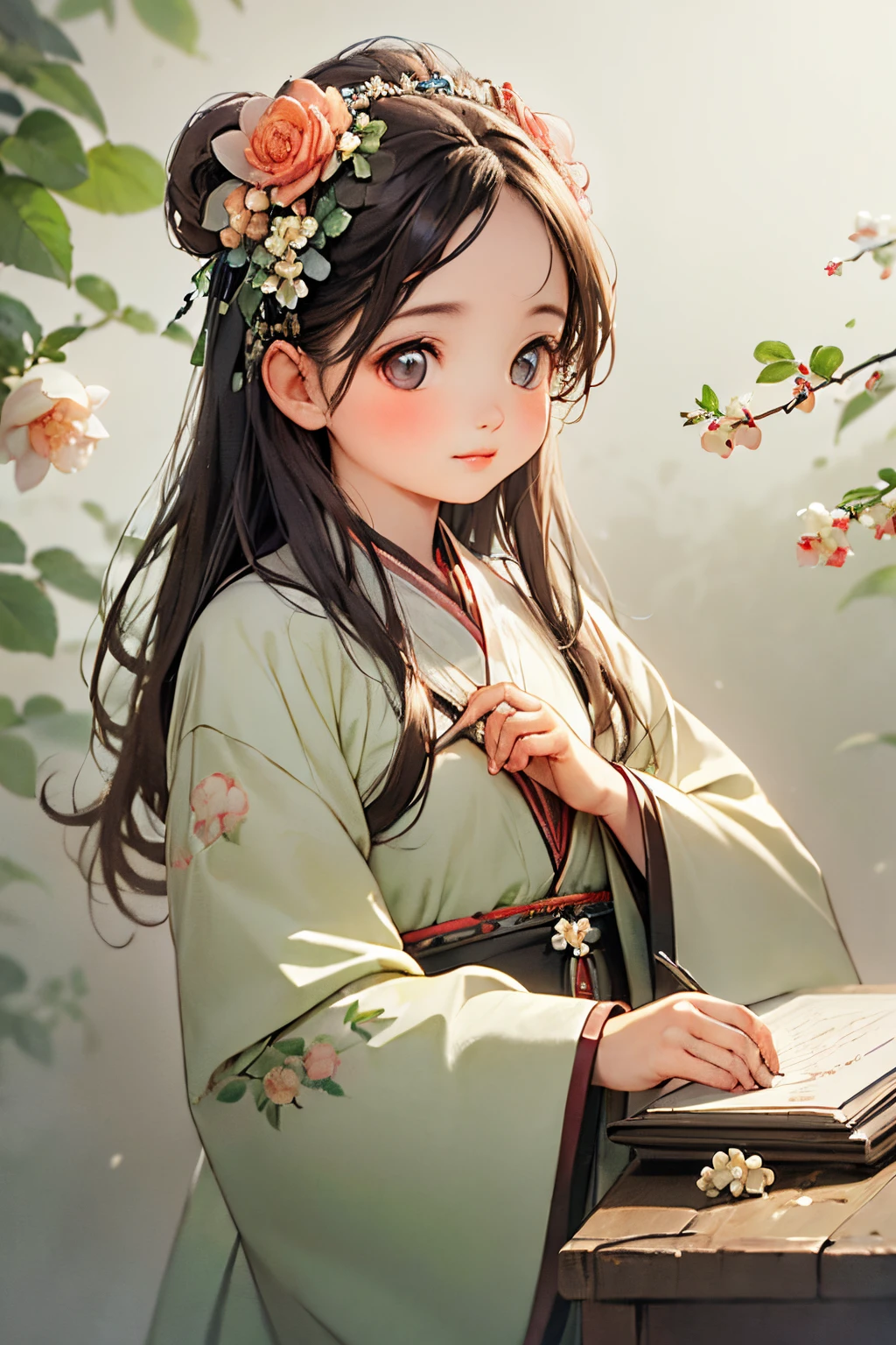 (best quality,realistic,photo-realistic:1.37), vibrant lighting, beautiful apricot blossoms, highly detailed lips and eyes, a solitary figure surrounded by a faint floral fragrance, botanical feminine qualities，Rosa flowers