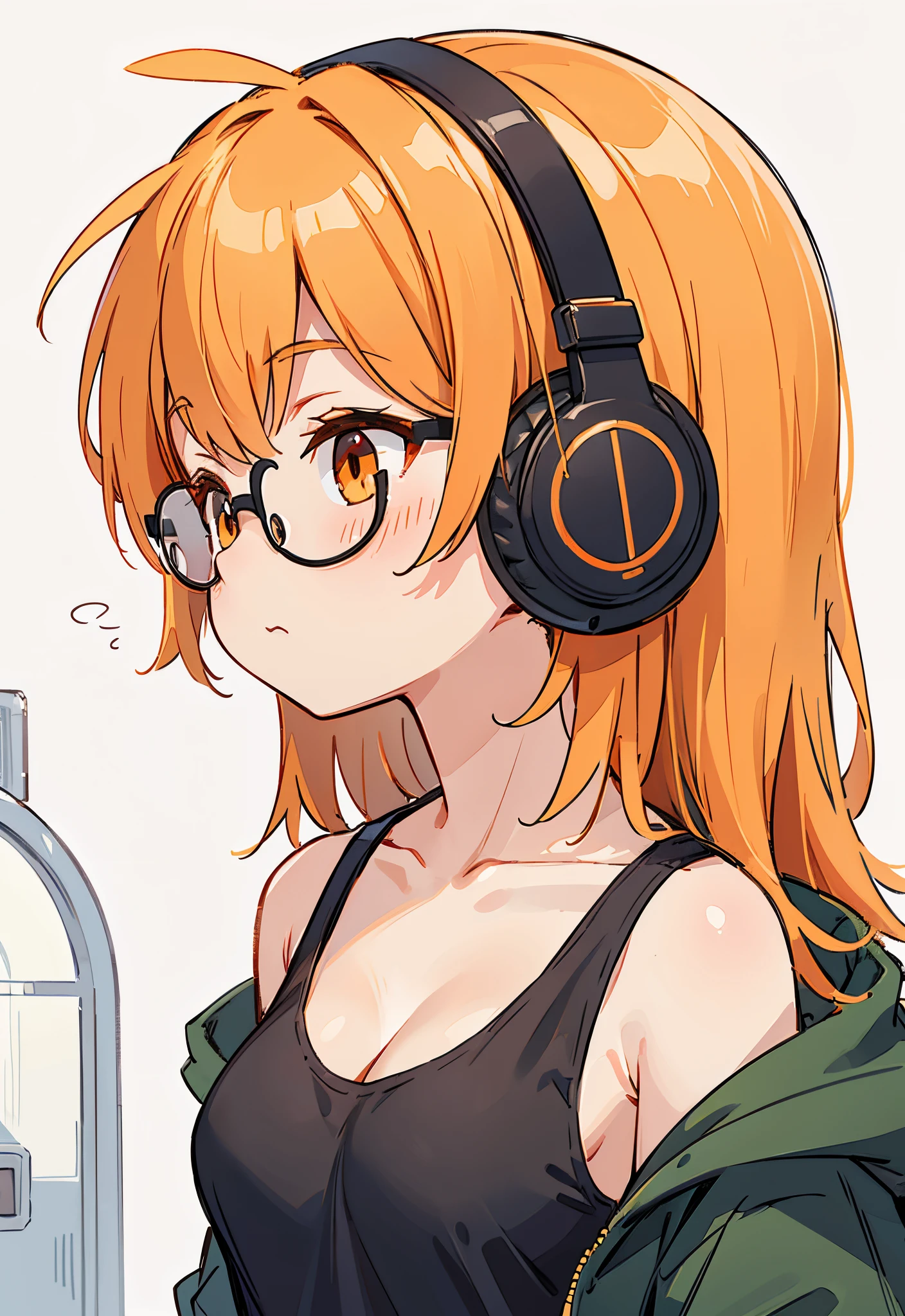 Anime girl with headphones and glasses looking at a bottle - SeaArt AI