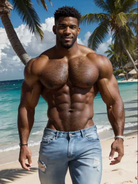 A muscular black man on vacation, hairy body, alpha male, huge biceps, ripped abs, shaggy hair, jeans, caribbean sunny morning, white sand beach, snuggle together, threesome, smile, 4k, high detailed, beautiful, dark age, art by Stanley artgerm, by Daniel ...