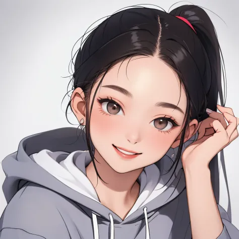 woman,age 20 years old,ponytail,smile,hoodie,portrait,(masterpiece, best quality, highres),