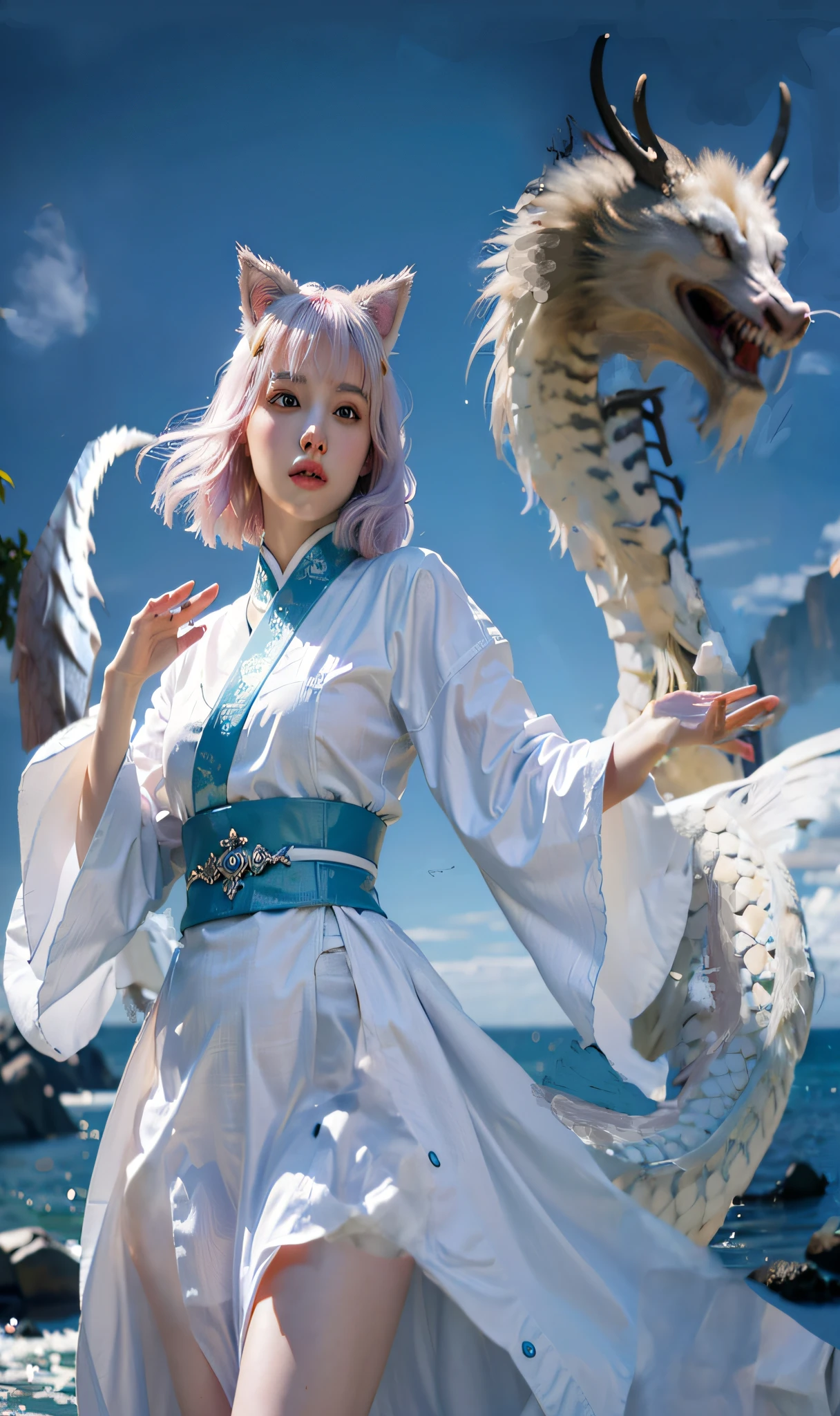 Anime cosplay of a woman in a white dress with a dragon - SeaArt AI