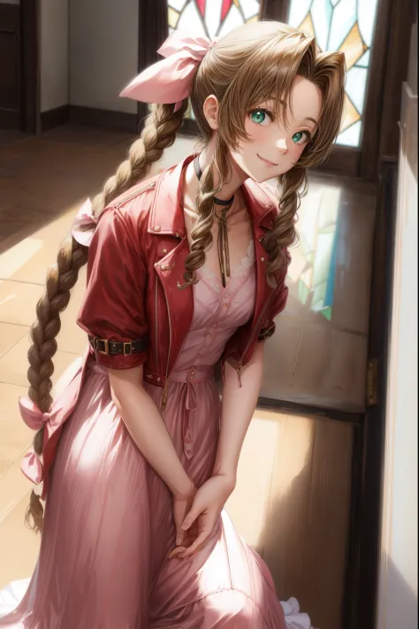 masutepiece, Best Quality, aerith gainsborough, Choker, Cropped jacket, Hair Bow, 手链, Pink dress, Looking at Viewer, Leaning for...