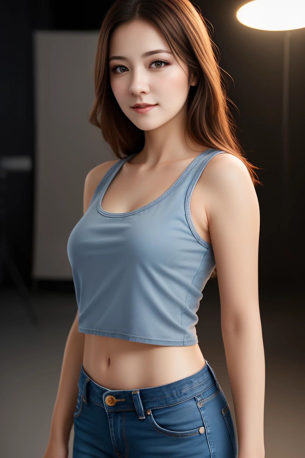 A woman in a blue top and jeans posing for a picture - SeaArt AI