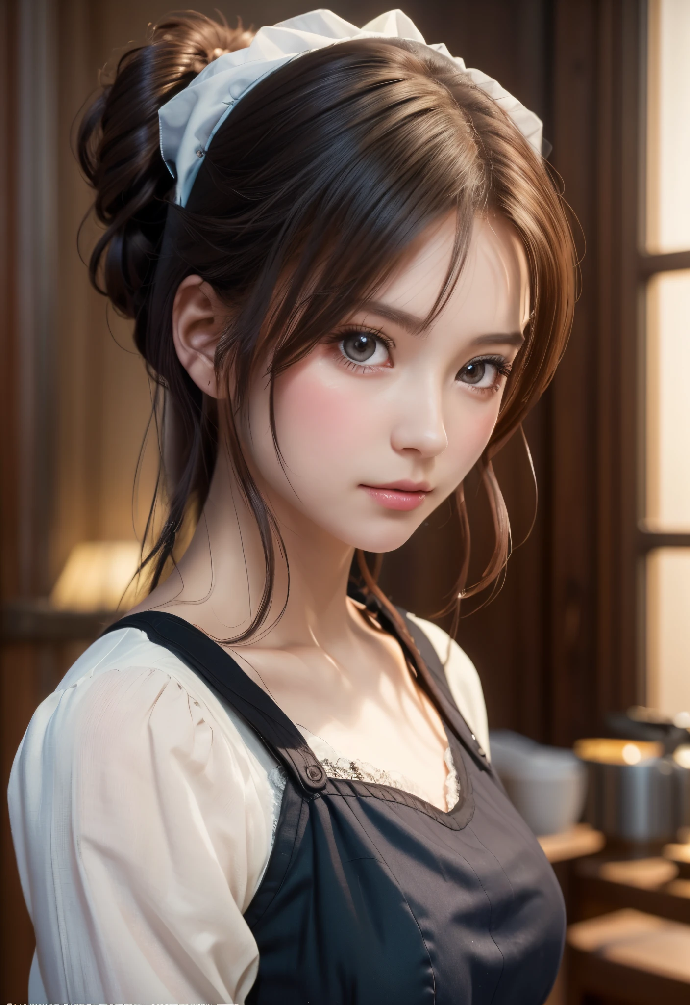 8K, of the highest quality, masutepiece:1.2), (Realistic, Photorealsitic:1.37), of the highest quality, masutepiece, Beautiful young woman, Pensive expression,、A charming、and an inviting look, Cute Maid Clothes, Hair tied back, Cinematic background, Light skin tone