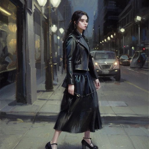 ashion model, fashion poster, vogue, night scene, street, ((flash light)), neon light, black gauze skirt, black skirt, black skirt, leather jacket, jewelry, walk, car, sidewalk, city