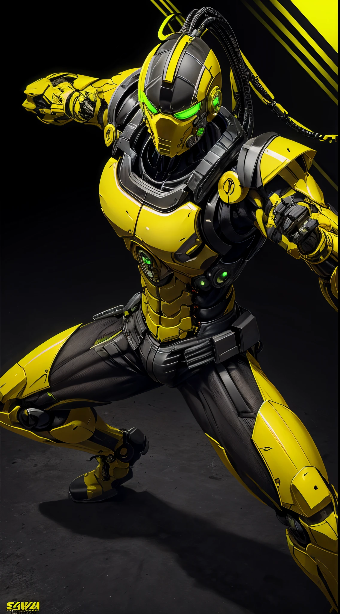 zxcrx, cyborg ninja wearing sleek, black and yellow armour that incorporates various mechanical components, his face is covered by a helmet with a green visor, wileds explosive bomb, equipped with arm-mounted buzzsaw blades, intricate, high detail, sharp focus, dramatic, photorealistic painting art by greg rutkowski