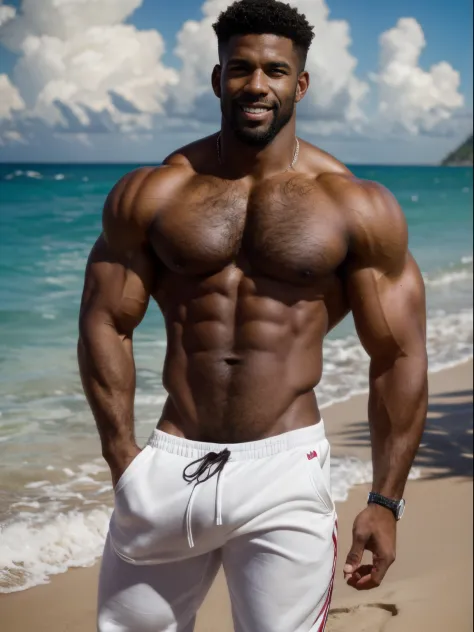 A muscular black man on vacation, hairy body, alpha male, huge biceps, ripped abs, shaggy hair, sweetpants, caribbean sunny morning, white sand beach, snuggle together, threesome, smile, 4k, high detailed, beautiful, dark age, art by Stanley artgerm, by Da...