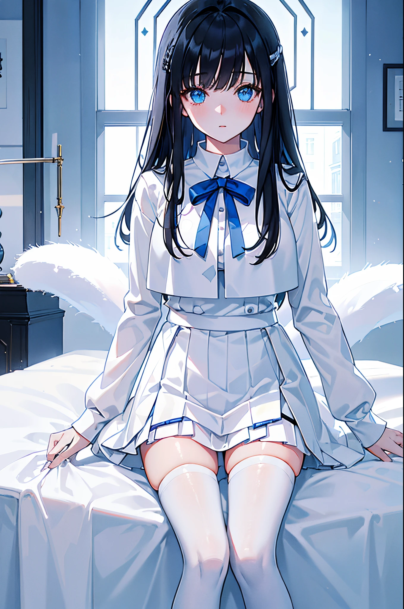 A dark-haired　blue eyess　White mini skirt　White sweater　White tights　white fur coat　in a house　pension　​masterpiece　Top image quality　Clear 　cinematic shadow　Increased attractiveness of the eyes　Clear the shine of the eyes　Draw eyelashes neatly　Perfect Eye　A detailed eye　Sharpen image quality　Sharpen eye writing　Clear eye shape