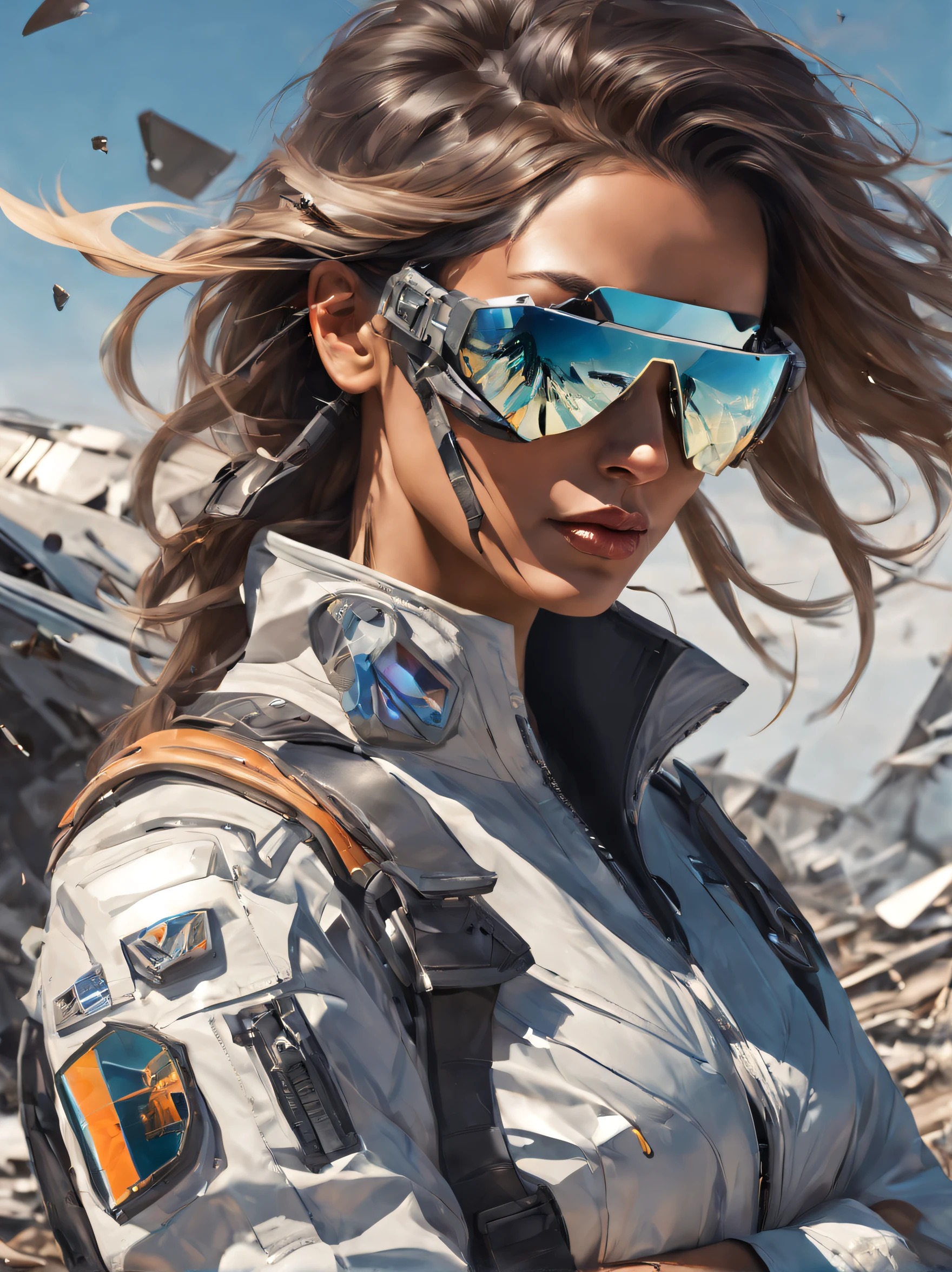 A futuristic female aviator pilot outside wearing shattered mirrored sunglasses that reflect the wreckage of his plane --ar 2:3 --v 4