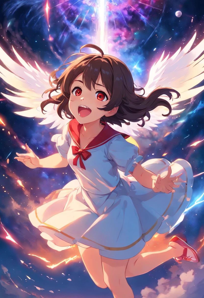 A girl with long hair and a white dress is flying through the air - SeaArt  AI