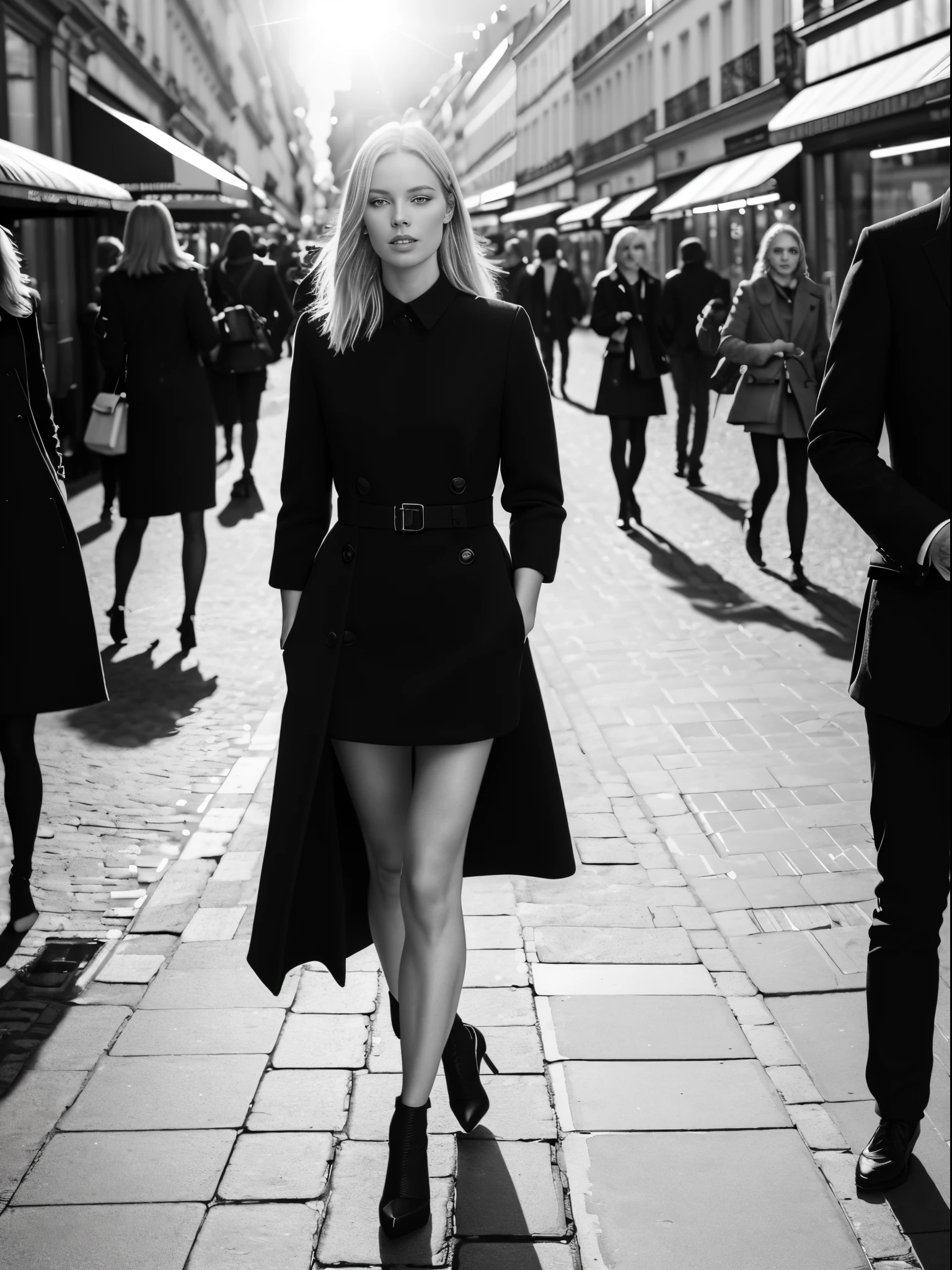 1 female focused, swedish woman model walking down a busy city street in a dress, proportion of fashion models, a black and white photo, in Paris, standing in Paris, (paparazzi), street photography style, shot on Leica summilux 35mm, (lens flare), CHANEL advertising, kodak 400tx, mesmerizing, ((black and white photography)), (low key)