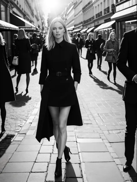 1 female focused, swedish woman model walking down a busy city street in a dress, proportion of fashion models, a black and whit...