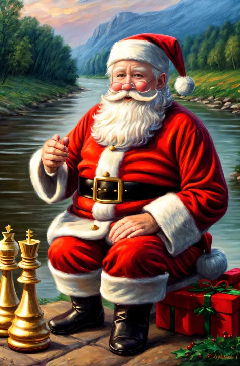 (santa claus:1.1,chess:1.1,river bank,summer evening),oil painting,classic style,dreamy colors,soft lighting