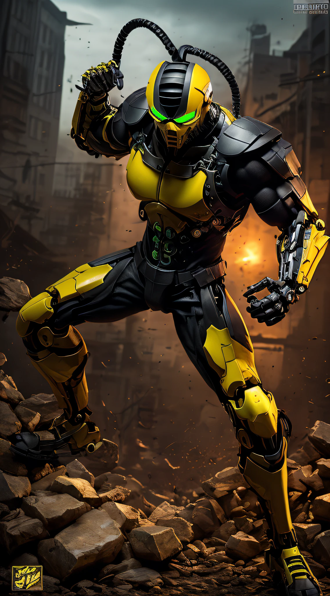zxcrx, cyborg ninja wearing sleek, black and yellow armour that incorporates various mechanical components, his face is covered by a helmet with a green visor, wileds explosive bomb, equipped with arm-mounted buzzsaw blades, intricate, high detail, sharp focus, dramatic, photorealistic painting art by greg rutkowski