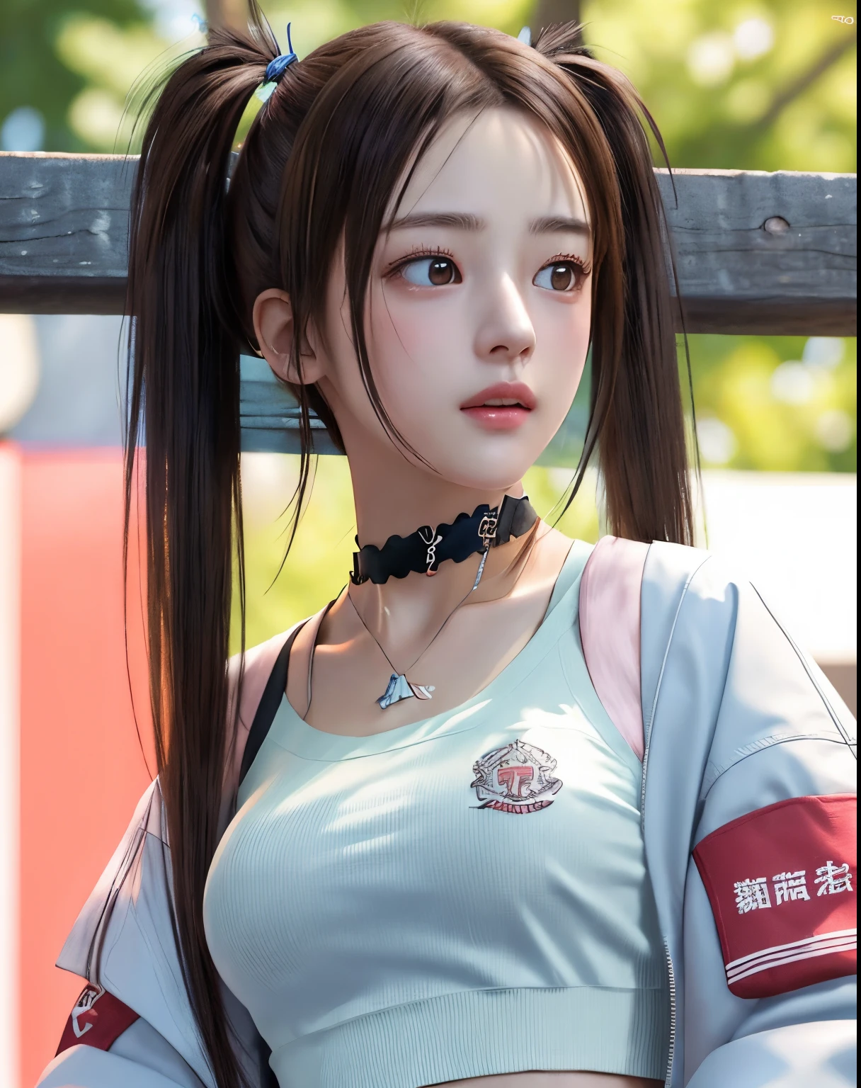 Photorealistic, masutepiece, Best Quality, Raw photo, 1girl in, 独奏, Twin tails, Brown hair,  Detailed face, alluring face, earrings、sharp eye、a choker、Neon Shirt、Open jacket、croptop, medium breasts, Dynamic Pose, Looking at Viewer, From below, Detailed background, fine detailed, intricate detailes,  Ray tracing, depth of fields, lowkey, nffsw