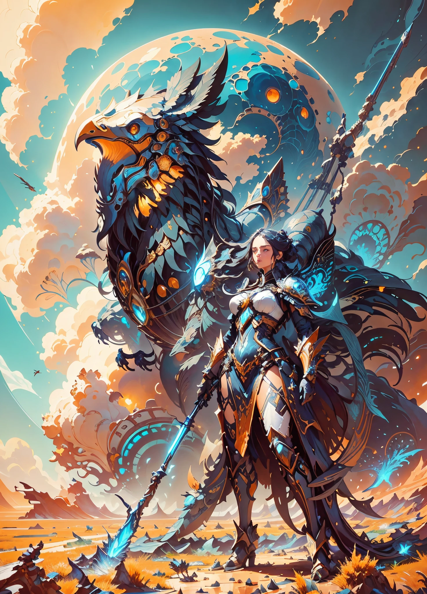 A beautiful alian woman stands in front of her large flightless bird with an alien worrior's staff and fight regalia armor, 36k resolution, hyperdetailed, photorealistic, sci-fi art style.