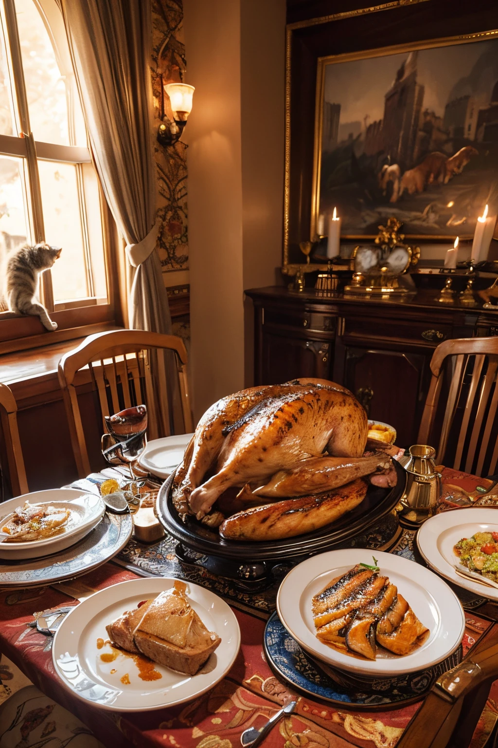 cat eating turkey in dinner, paintings, detailed fur texture, close-up of cat's face and paws, vibrant colors, warm lighting, realistic portrayal of fur texture and meat, fine brushstrokes, lifelike depiction of cat's expressions and movements, turkey cooked to perfection, mouthwatering presentation of food, elegant dinnerware, cozy dining room ambiance, high-res, HDR, professional rendering of textures and colors, careful attention to lighting and shadows