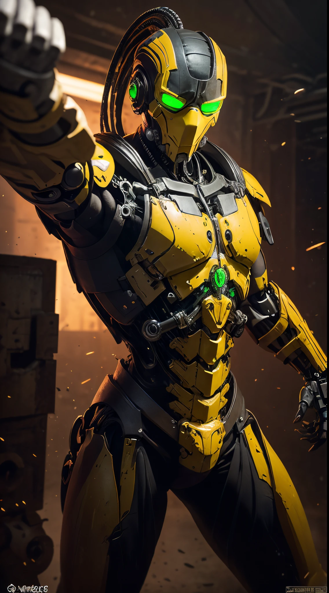 zxcrx, cyborg ninja wearing sleek, black and yellow armour that incorporates various mechanical components, his face is covered by a helmet with a green visor, wileds explosive bomb, equipped with arm-mounted buzzsaw blades, intricate, high detail, sharp focus, dramatic, photorealistic painting art by greg rutkowski