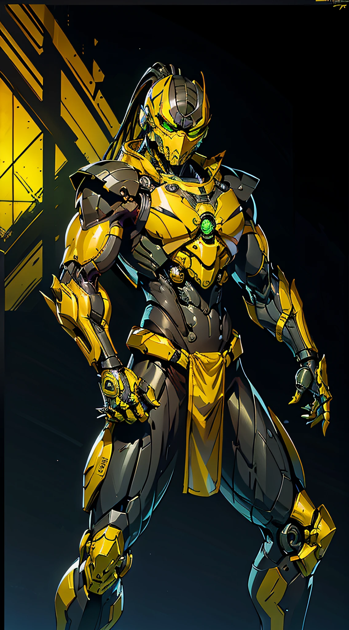 zxcrx, cyborg ninja wearing sleek, black and yellow armour that incorporates various mechanical components, his face is covered by a helmet with a green visor, wileds explosive bomb, equipped with arm-mounted buzzsaw blades, intricate, high detail, sharp focus, dramatic, photorealistic painting art by greg rutkowski